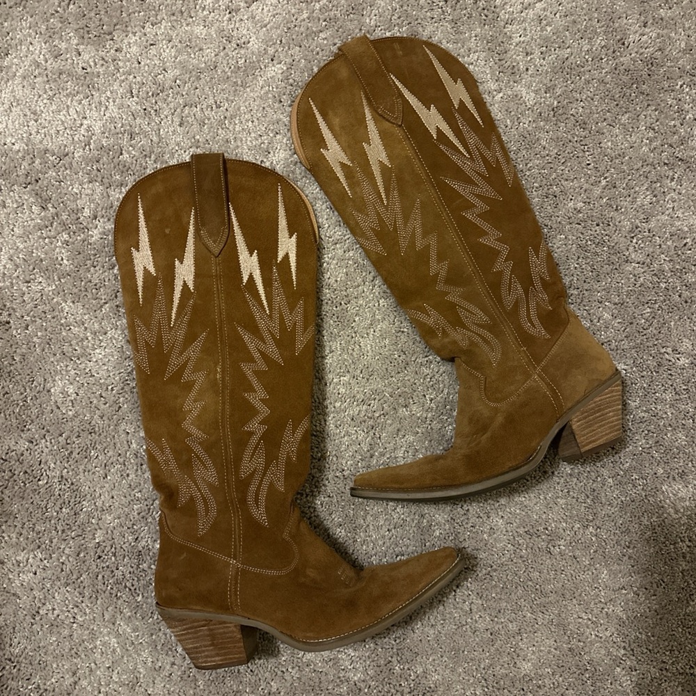 dingo Brown Suede Western Knee-High Boots with Lightning Stitching